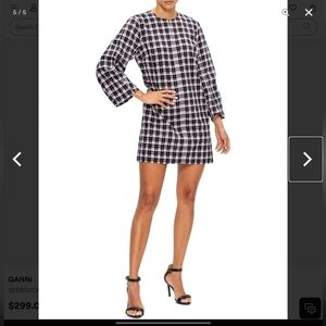 GANNI Seersucker Long Sleeve Mini Dress Check Gingham Black Pink Size 38